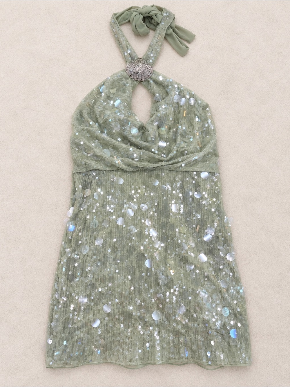 SHEIN Sage Green Sequin Halter Mini Dress